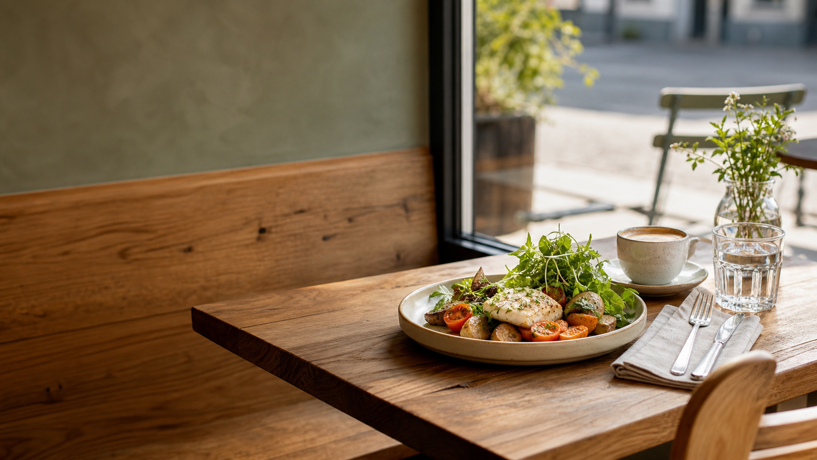 Gedeckter Bistrotisch mit einfachem Mittagessen und Kaffee